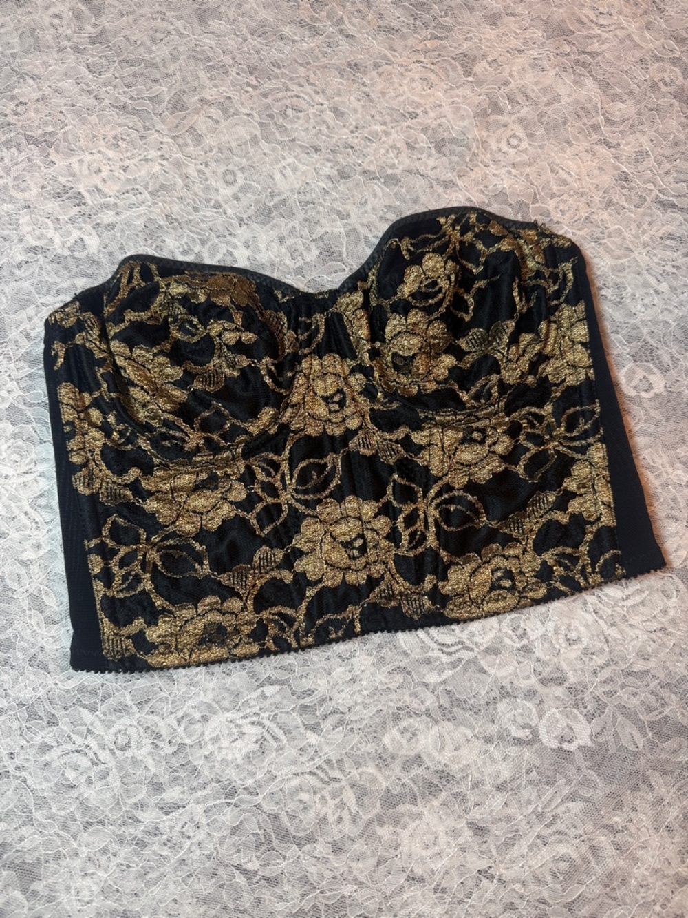Vintage 90s Gold Lace Bustier Corset Top Black Boned L